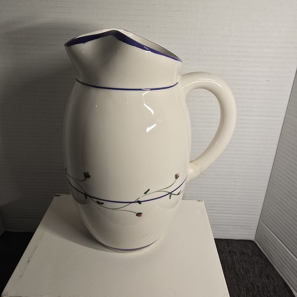 Vintage Large Ceramic Floral Pitcher Cream with Blue Rim and Vine Pattern